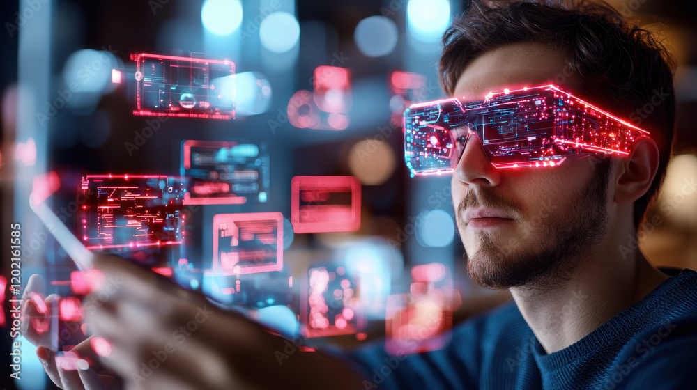 Poster man wearing futuristic augmented reality glasses interacts with digital holograms, showcasing advanc