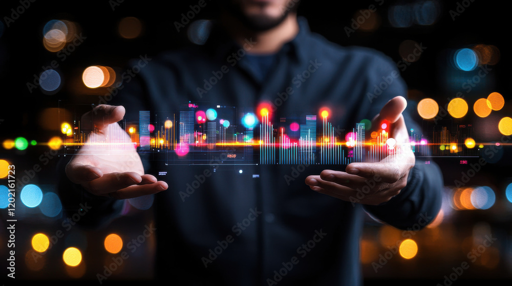 Aufkleber businessman presenting digital city skyline with vibrant lights and data visualization. scene conveys innovation and technology in urban development