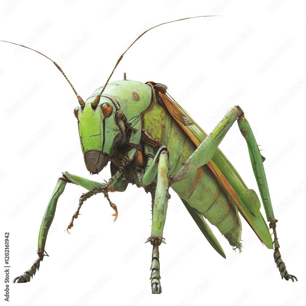 Aufkleber a detailed 3d render depicts a large green mechanical grasshopper standing on a plain white backgrou