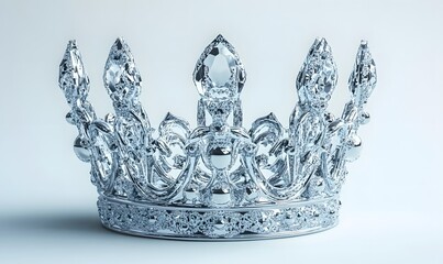 Silver crown with ornate details on light background.