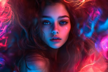 Neon Lights Illuminate Young Woman With Long Hair