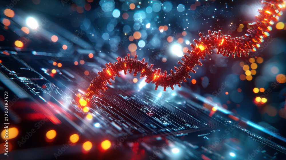 Poster vibrant depiction of nanostructure interacting with circuit board, showcasing advanced technology and innovation. glowing elements create futuristic atmosphere
