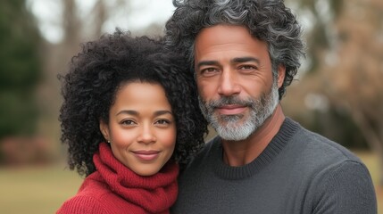 Middle Aged Mixed Race Couple Embracing in Park with Autumn Colors, Capturing Diversity, Love, and Togetherness, Perfect for Lifestyle and Relationship Themes in Stock Photography