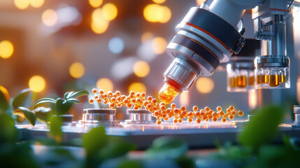 close up view of microscope analyzing nanostructures in laboratory setting, surrounded by greenery, showcasing scientific innovation and research