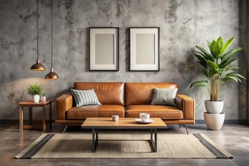 Drone's-eye view of a stylish living room; brown sofa against a concrete wall, featuring empty picture frames.