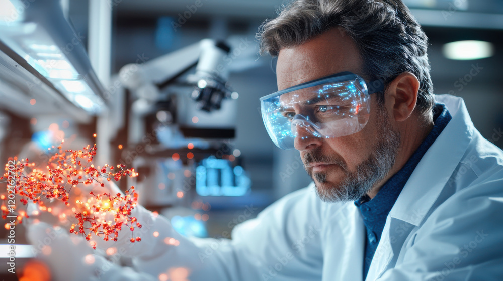 Aufkleber scientist in lab examines nanoscale particles with advanced technology, showcasing focused expressio