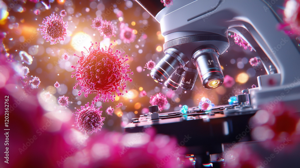 Fototapete detailed view of microscope examining vibrant microorganisms, showcasing advanced scientific research and discovery. scene is illuminated with colorful light, creating dynamic atmosphere
