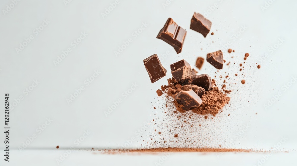 Aufkleber Chocolate chunks and cocoa powder exploding and levitating on a white background, creating a visually appealing scene perfect for food and beverage advertising