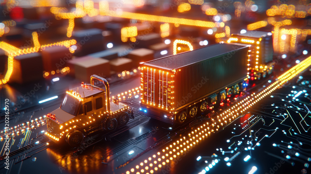 Aufkleber cinematic illustration of blockchain technology with illuminated trucks and containers on digital ci
