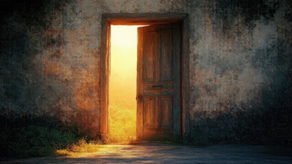 Old wooden door slightly ajar, glowing warmly from the keyhole's space, representing openness, trust, and unbarred access for everyone