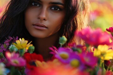 Naklejka premium an Indian woman with the vibrant colors of flowers