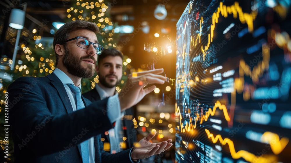 Poster economists analyzing financial data on digital screen, showcasing trends and statistics in festive e