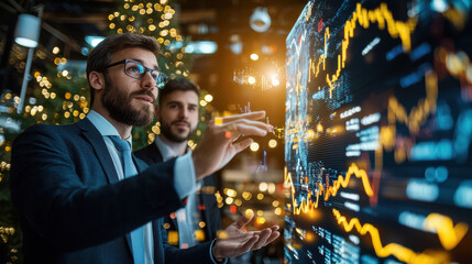 Economists analyzing financial data on digital screen, showcasing trends and statistics in festive environment. atmosphere is vibrant and focused