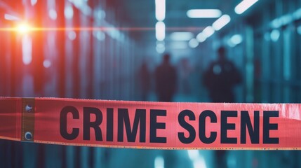 A dark corridor with crime scene tape in the foreground, suggesting an investigation in progress, with silhouettes of people in the background.