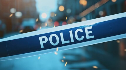 A police barrier tape is visible, indicating a restricted area, with a blurred urban background suggesting an incident or investigation taking place.