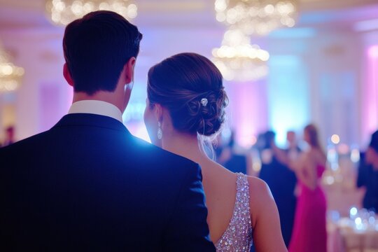 Elegant charity gala attendees enjoy a night of dancing and celebration in a beautifully lit venue with pink decorations
