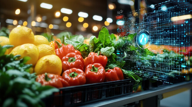Cinematic portrayal of fresh vegetables with digital technology overlay, showcasing innovation in agriculture and food supply. vibrant colors enhance visual appeal