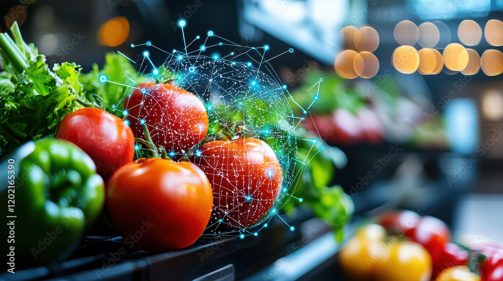 Leinwandbilder fresh vegetables and tomatoes displayed in grocery store, showcasing digital network overlay symboli