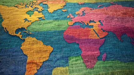 Colorful World Map on Textured Fabric