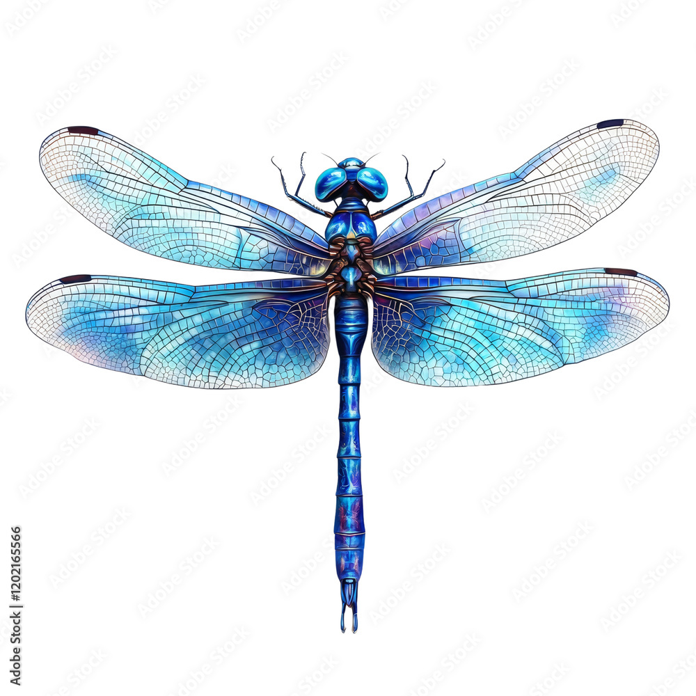 Poster a detailed close-up image showcases a vibrant blue dragonfly with intricate wing patterns against a 