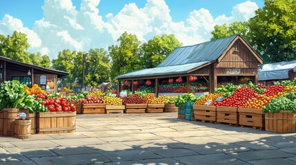 A bustling outdoor produce market on a sunny day