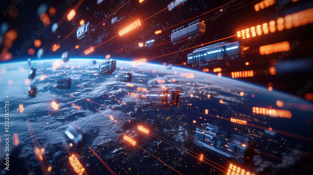 Poster cinematic portrayal of global trade hubs interconnected in space, showcasing cargo containers and il