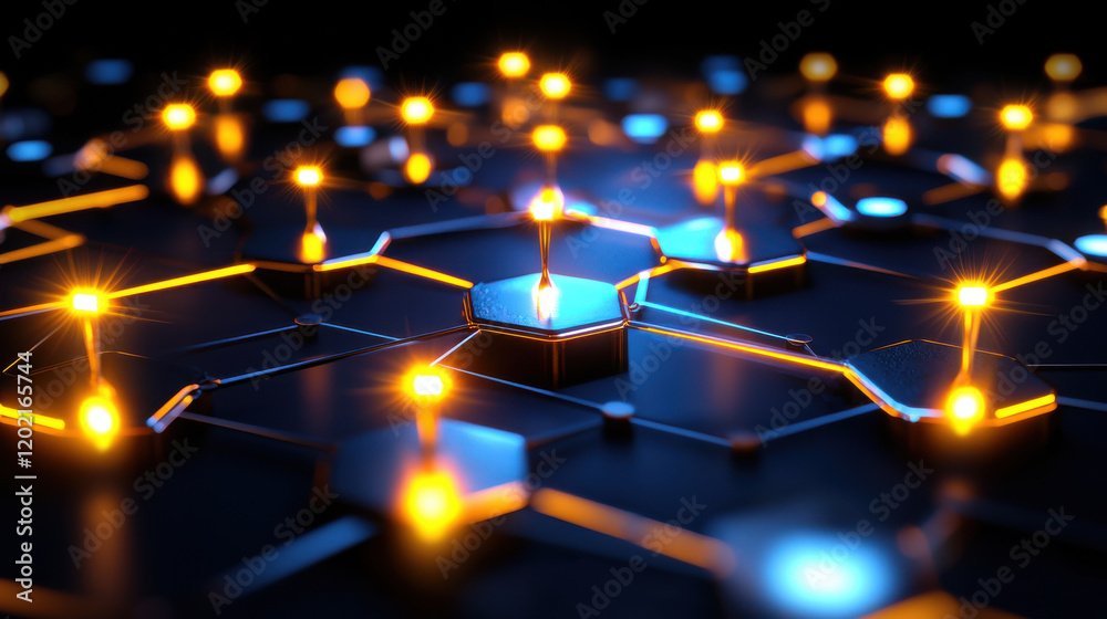 Poster futuristic network of glowing hexagonal nodes interconnected by bright lines, symbolizing technology and innovation. vibrant lights create dynamic and engaging atmosphere