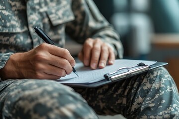 Soldier Filling Out Forms Close-Up of Military Personnel Completing Paperwork