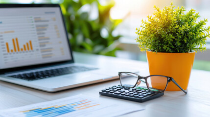 modern workspace featuring laptop displaying financial graphs, calculator, glasses, and potted plant, creating productive atmosphere for personal finance management