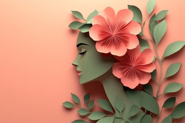 Serene Papercut Beauty Woman's Profile Adorned with Coral Flowers and Greenery