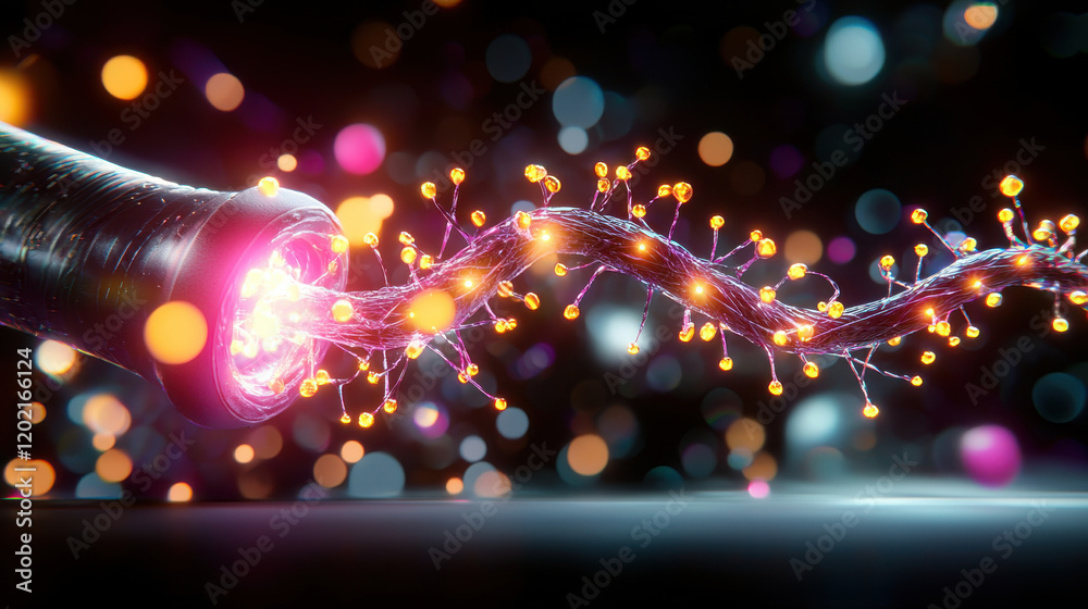 Poster vibrant 3D rendering of complex wire with glowing particles, showcasing dynamic flow of energy and light. colorful background enhances futuristic feel