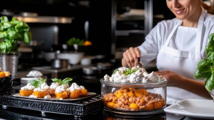 A chef preparing a dessert with fresh ingredients in a kitchen