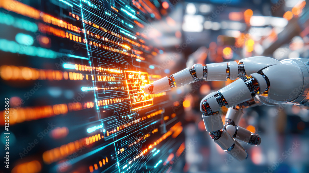 Poster robotic hand interacts with digital interface, showcasing advanced technology and data visualization. scene conveys innovation and future of AI assisted development