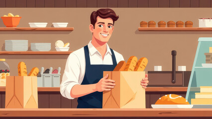 baker shop, Baker Holding Baguette Bread in a Paper Bag at the Bakery: Freshly Baked Delight