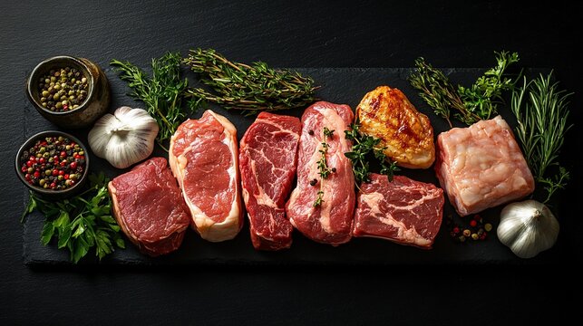 Variety of raw meats, herbs, spices.  Food photography for recipe websites