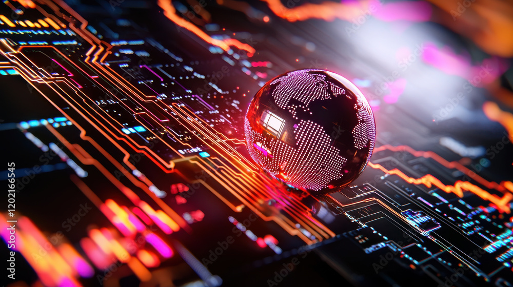 Aufkleber digital globe on circuit board, representing global finance and technology. vibrant colors and intri