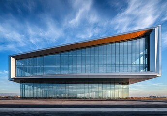 Fototapeta premium Modern Architectural Marvel Featuring Sleek Glass Facade and Unique Angled Design Under Clear Blue Sky at Sunset, Capturing Beauty of Contemporary Design