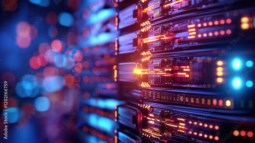 Poster vibrant representation of server technology with illuminated components, showcasing cloud based solutions and data storage systems. colorful lights create dynamic atmosphere