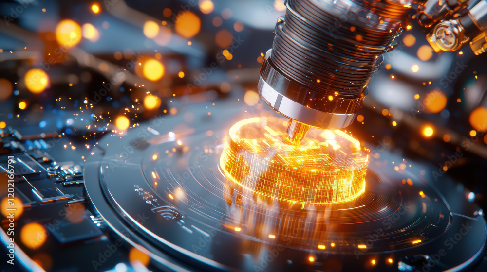 Poster cinematic rendering of ai assisted drug development with glowing circuitry and sparks. this captures