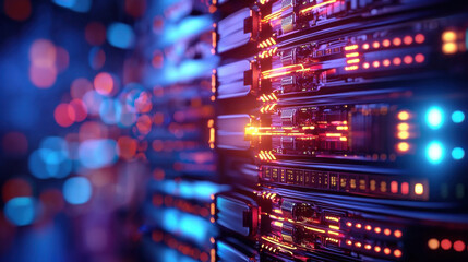 vibrant representation of server technology with illuminated components, showcasing cloud based solutions and data storage systems. colorful lights create dynamic atmosphere