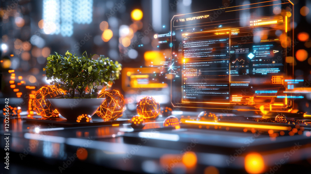 Poster futuristic dining experience featuring high tech table with glowing elements, digital displays, and 