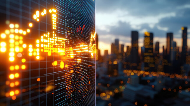 vibrant urban skyline with digital financial data overlays, showcasing market trends and analytics. scene captures essence of modern finance and technology