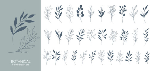 Greenery Line Art. Botanical Background trendy minimalist leaves and branches. Hand drawn floral elements. Floral Line Art Illustration. Luxury Line Floral Art.