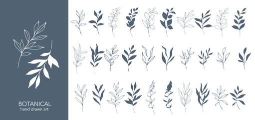 Greenery Line Art. Botanical Background trendy minimalist leaves and branches. Hand drawn floral elements. Floral Line Art Illustration. Luxury Line Floral Art.