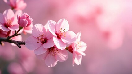 Pink cherry blossoms on a branch with soft blurred background