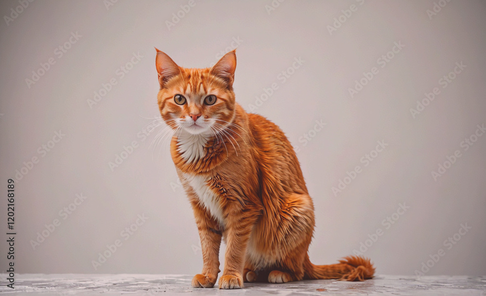 Poster A cat is sitting on a table with its back to the camera. The cat is orange and white in color