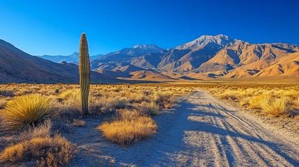Fototapeta premium Majestic Desert Landscape: A Dirt Road Leading to Snowy Mountains