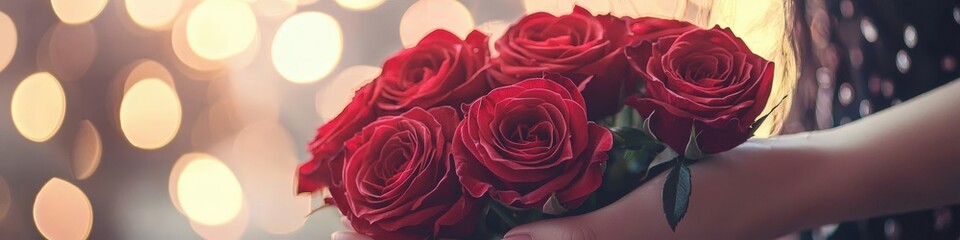 Naklejka premium close up of a bouquet of red roses in hands. Selective focus