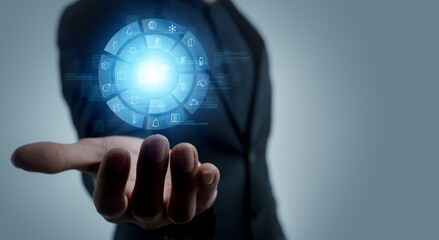 person setting the smarts home system for set security connections  and comfortable about lighting wifi cameras power electricity temperature in house new innovation for better living and privacy life