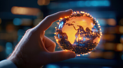 hand holding glowing globe representing global connectivity and technology. globe features illuminated continents and digital aesthetic, symbolizing modern world